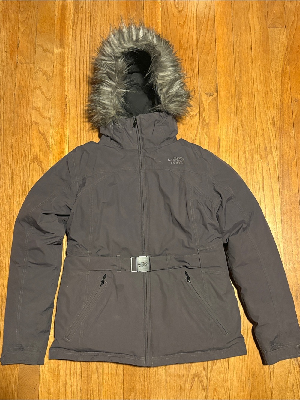 The North Face Women's Dark Gray Hooded Ski Jacket with Faux Fur Trim